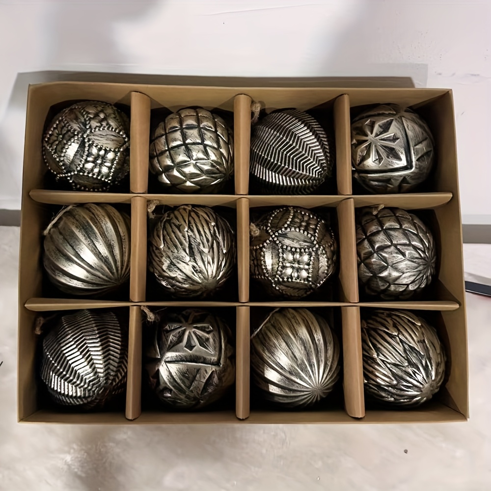 TEMU 12pcs/box, Christmas Ornaments, 8cm/3.15in Diameter, Distressed Design Assortment Set, Vintage Geometric Line Decorations For Holiday Pendants &