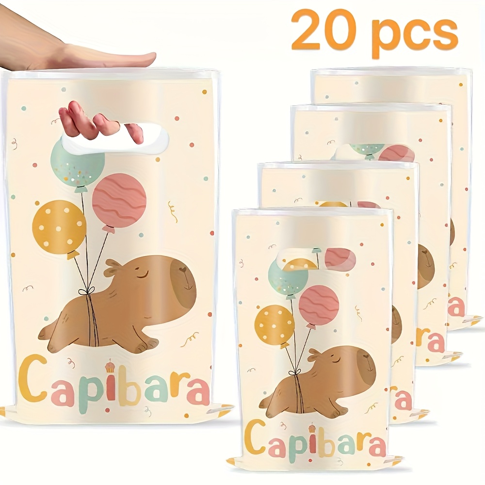 20/40 New Capybara Gift Bags, Cute Cartoon Capybara Balloon Pattern, Durable Printed Plastic Gift Bags With Handles, Suitable For Birthdays, Weddings, Themed Party Events