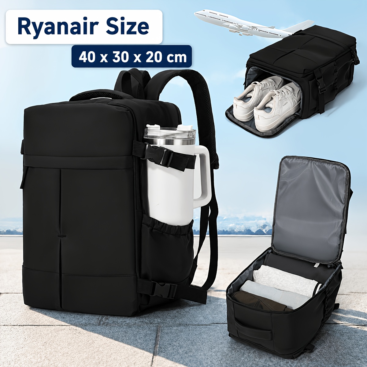 TEMU Ryanair Underseat Backpack 40x30x20cm Cabin Bag, Large Capacity Travel Carry On Backpack With Shoe Compartment, 180 Degree Opening, Side Pocket