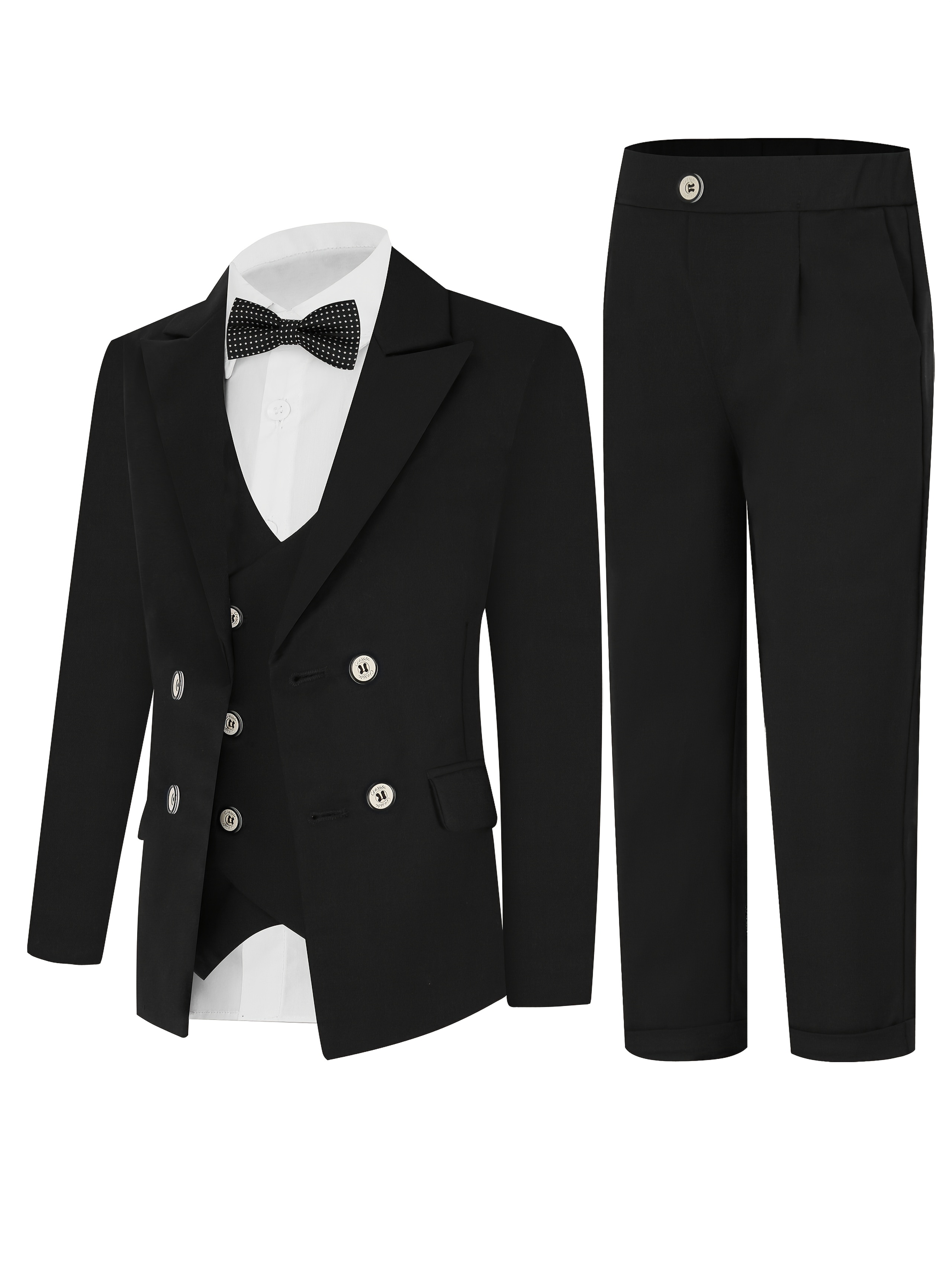A Stylish Suit Set for Boys, Including a Suit, Vest, Long Pants, And Bow Tie, Suitable for Piano Performances, Weddings, Birthday Parties, Formal Occasions, And Everyday Wear (Suit + Vest + Long Pants + Bow Tie) Without a Shirt.