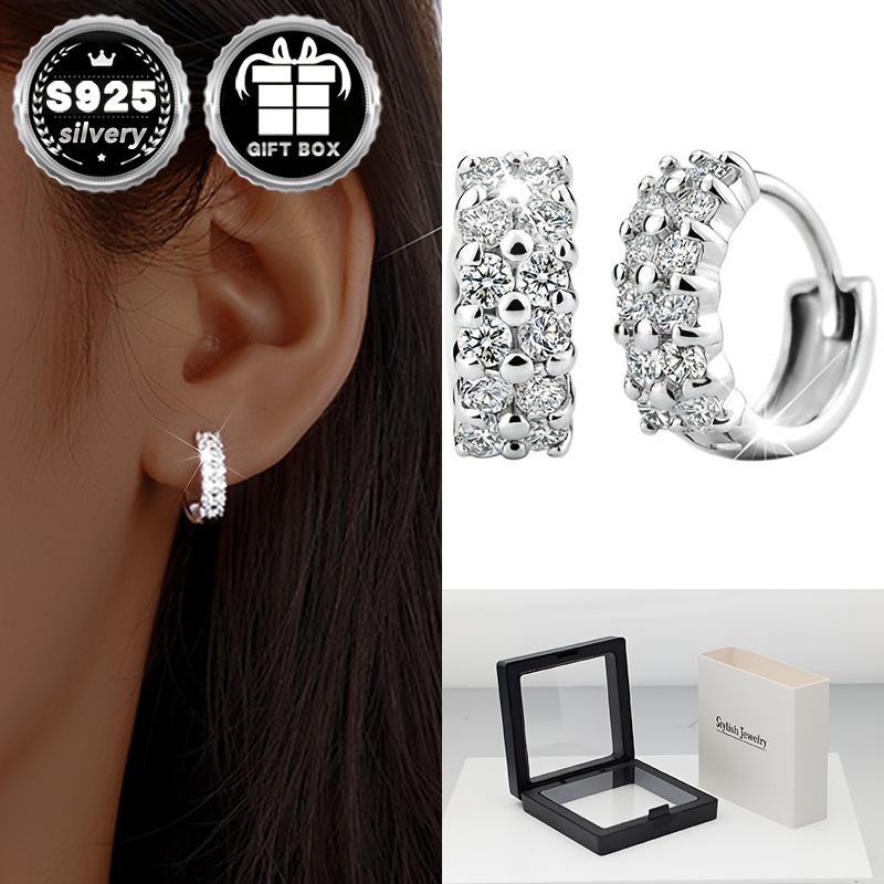 

Elegant 925 Sterling Silvery Hoop Earrings With Sparkling Cubic Zirconia - Hypoallergenic, Casual Attire