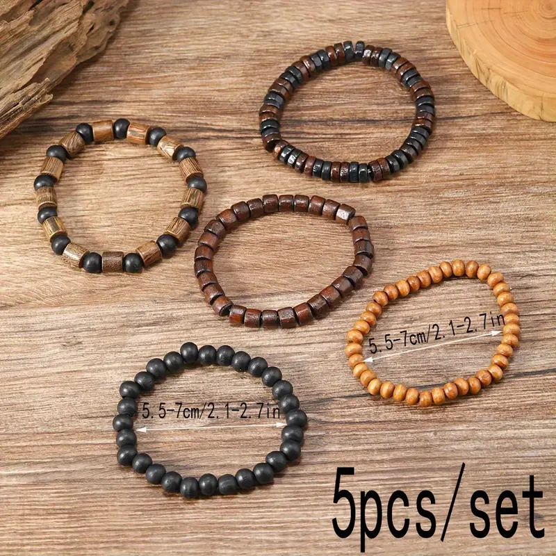 DATOA Multilayer Wooden Beaded Bracelet Set For Men & Women - Handmade Elastic Bracelets (6 Pieces)