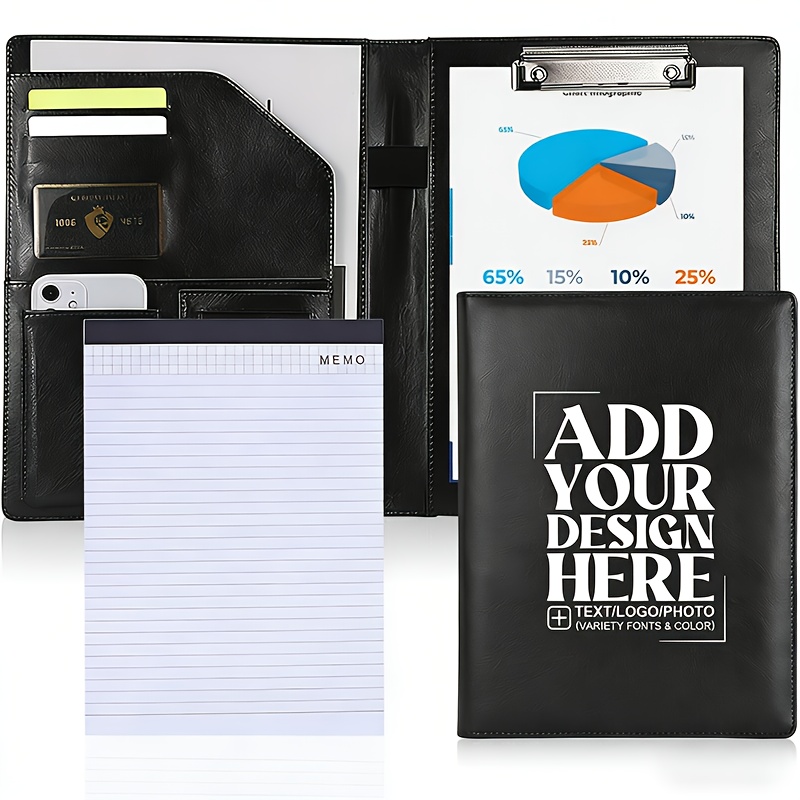 E-shop 1 Set personalisierte Mappen mit kostenlosem A4-Notizblock – Individuelles Portfolio aus Kunstleder mit Logo oder Text – Professionelles
