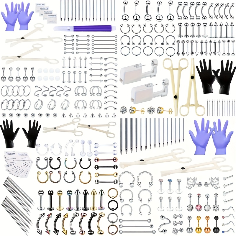 The Trendy Stainless Steel Puncture Set Comes With A Random Set, Including Puncture Needles For The Nasal Bone, Tragus, Nasolabial, Navel And Eyebrows, As Well As Stainless Steel Jewelry And Puncture Tools