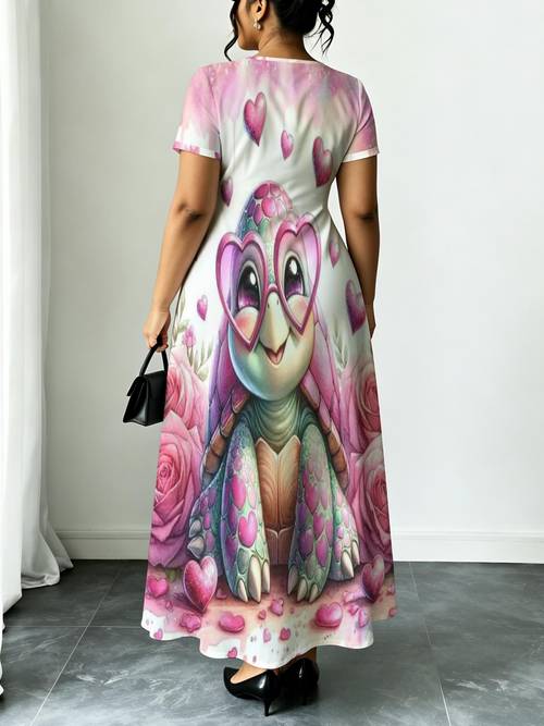 plus size large sized african ethnic style long dress turtle with hearts and roses short sleeved round neck loose long dress suitable for curvy women versatile for spring and summer beach party outfits for present