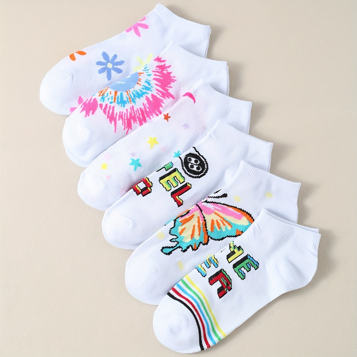 

6 Pairs Butterfly & Rainbow Letter Socks, Street Style Breathable Ankle Socks, Women's Stockings & Hosiery
