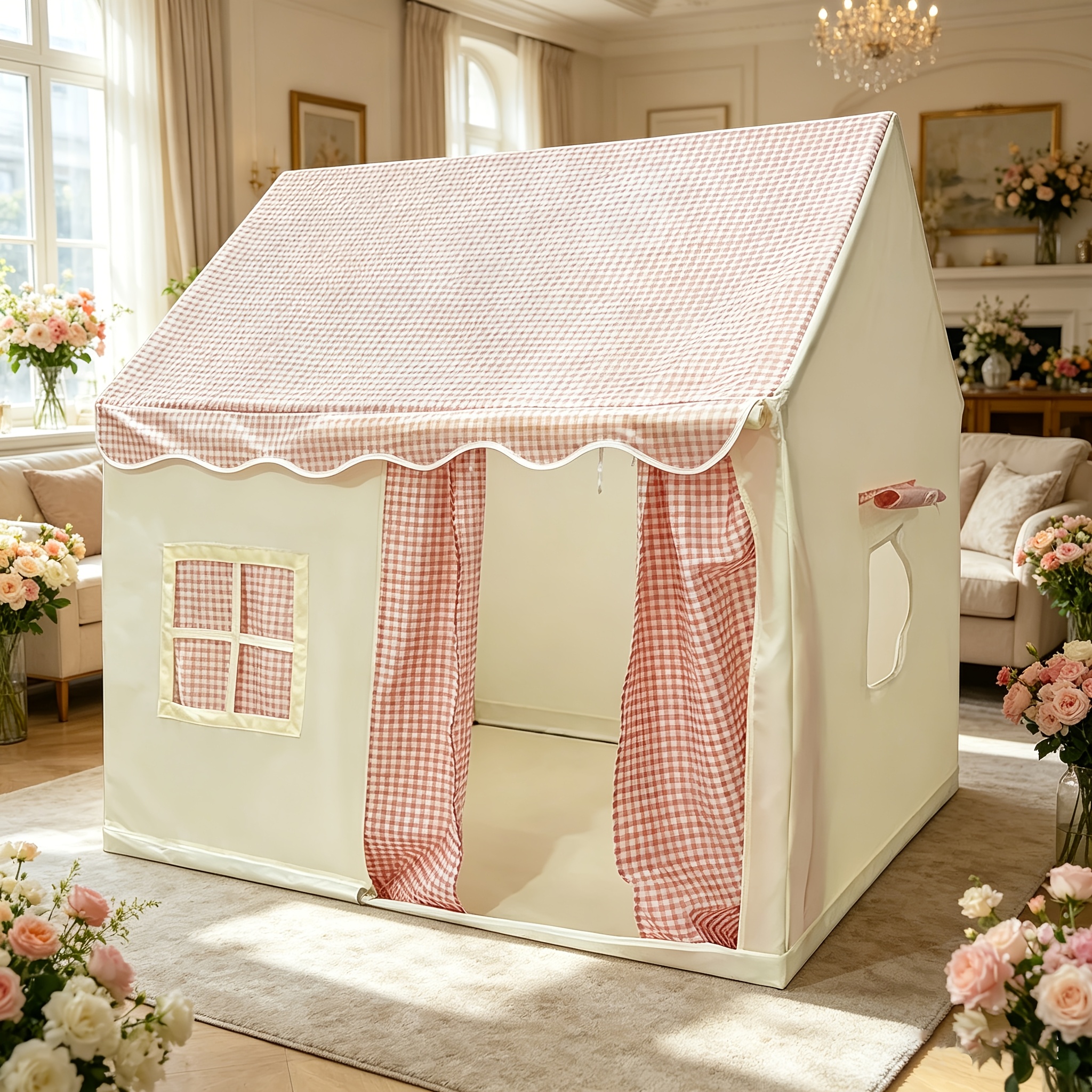 Play Tent, Pink Plaid Design Playhouse, Indoor/outdoor Foldable Tent, Spacious Space Suitable For Role-playing, Easy Assembly