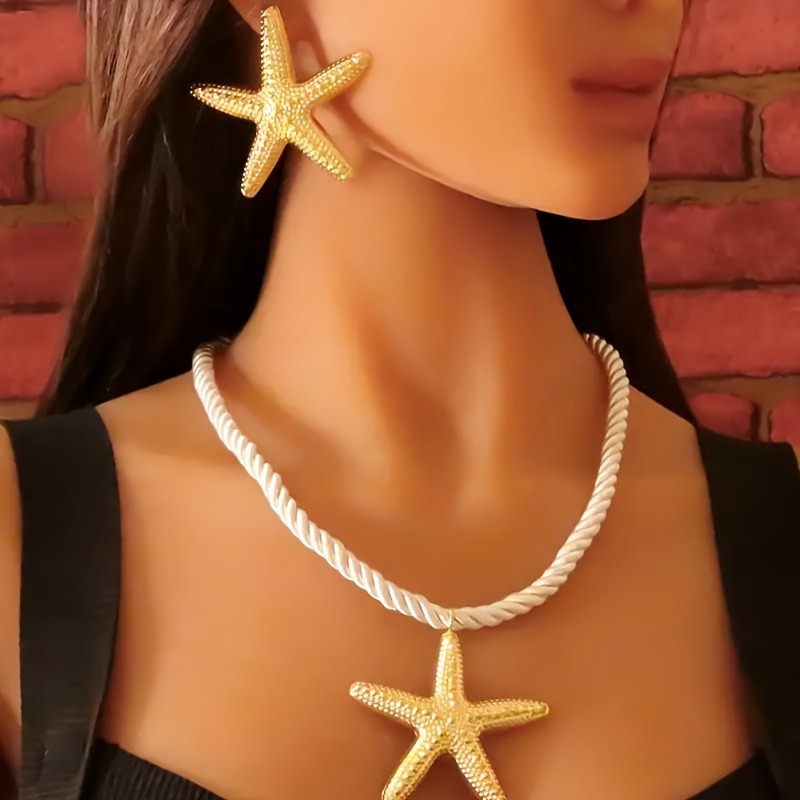 

Boho-chic Ocean- Set For Women - Starfish Pendant Necklace & Stud Earrings, Casual Attire