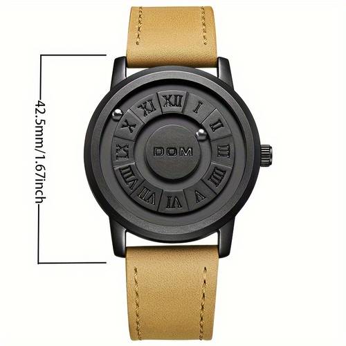 dom mens magnetic suspension watch sporty black yellow accent roman dial quartz movement high quality hands battery powered for casual formal textured strap detail