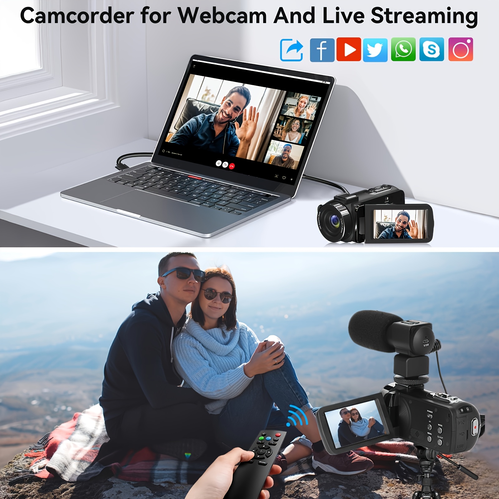 TUOGTCI 8K Camera Compatible for YouTube with 48MP/15FPS/7.62cm Touch Screen/18x Zoom/Night Vision/Fill Light/Microphone/Stabilizer/Remote Control & Battery - Vlogging Camera for Content Creation, Streaming, FPV (MP4 Recording)
