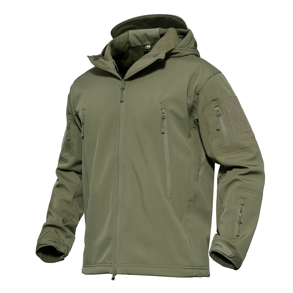 mens   softshell jacket polyester spandex blend hooded long sleeve zippered non stretch fabric solid color regular fit with 7 pockets fleece lined water resistant windproof for hiking camping outdoor activities details 1