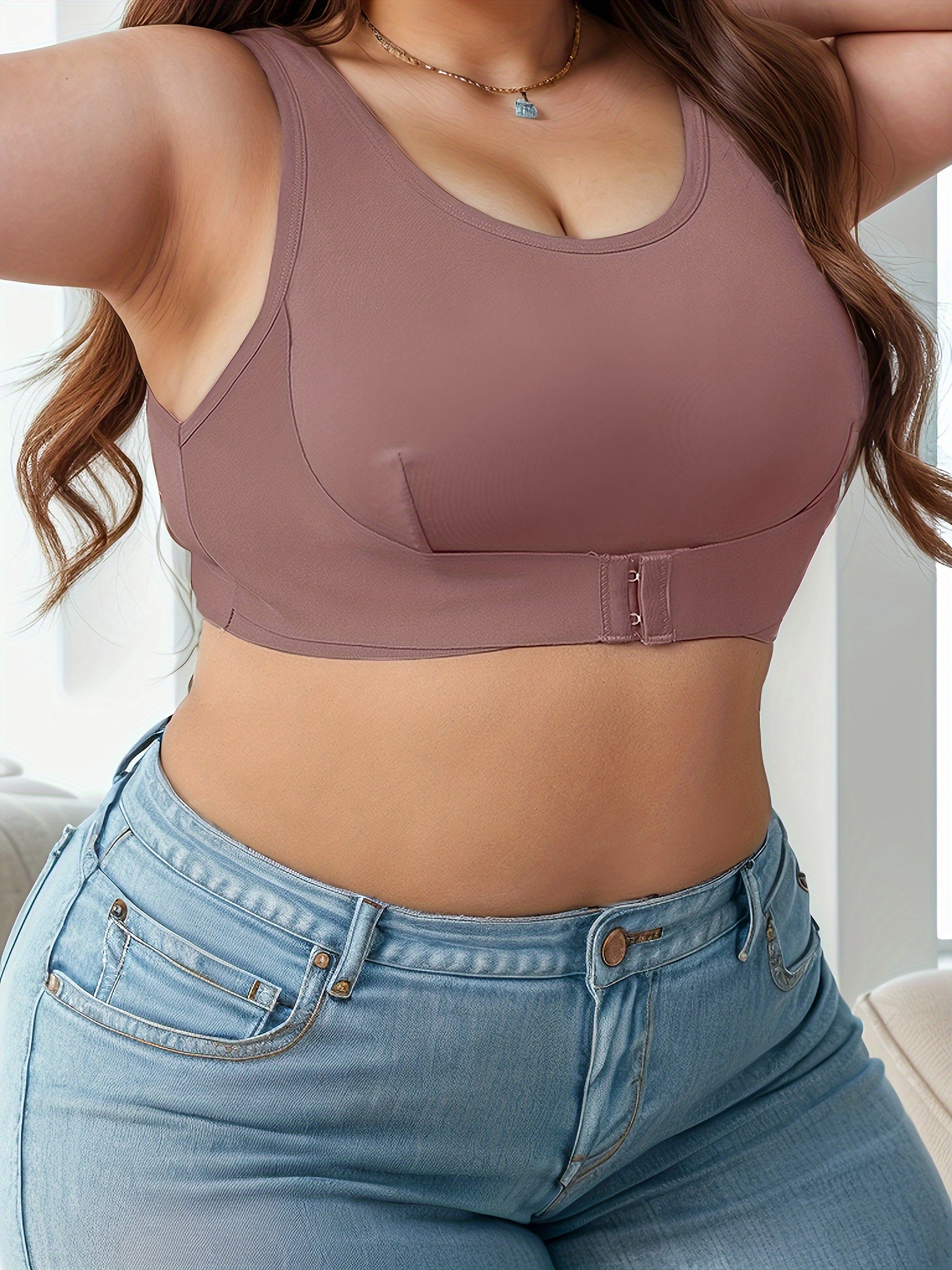 Women's Plus Elegant Bra, Plus Size Solid Front Closure Full Cover Non Padded Bralette