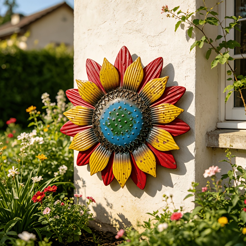 【3D】 Rustic 3D Sunflower Metal Wall Hanging Decor, Distressed Red Yellow Blue Flower Wall Art Sculpture, Weatherproof Outdoor Wall Ornament for Garden Fence Patio Backyard Porch Farmhouse