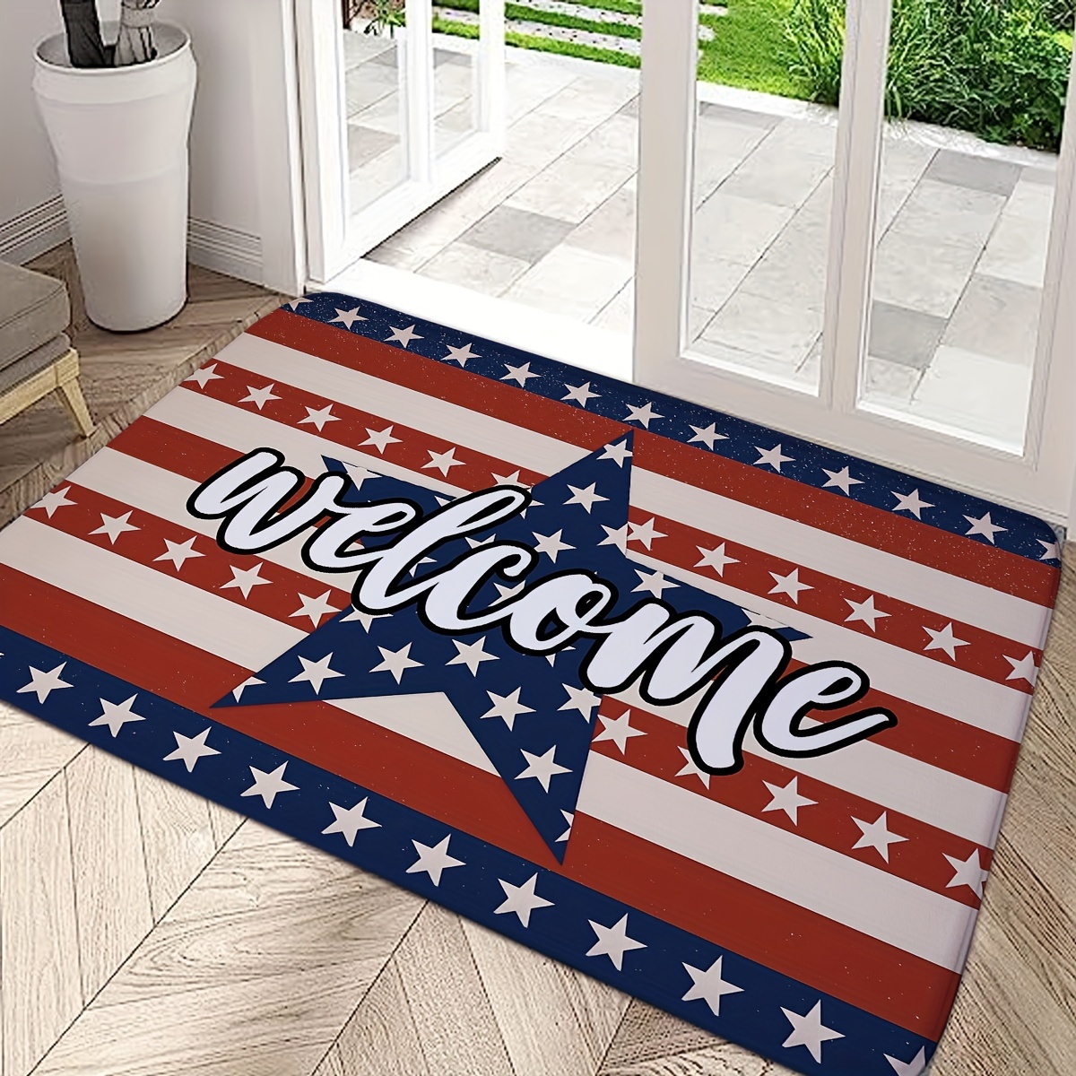 

1pc, Welcome Door Mat, Independence Day Star And Stripes Design, , Outdoor Indoor Entryway Rug, Durable Non-slip, Multiple Sizes Available