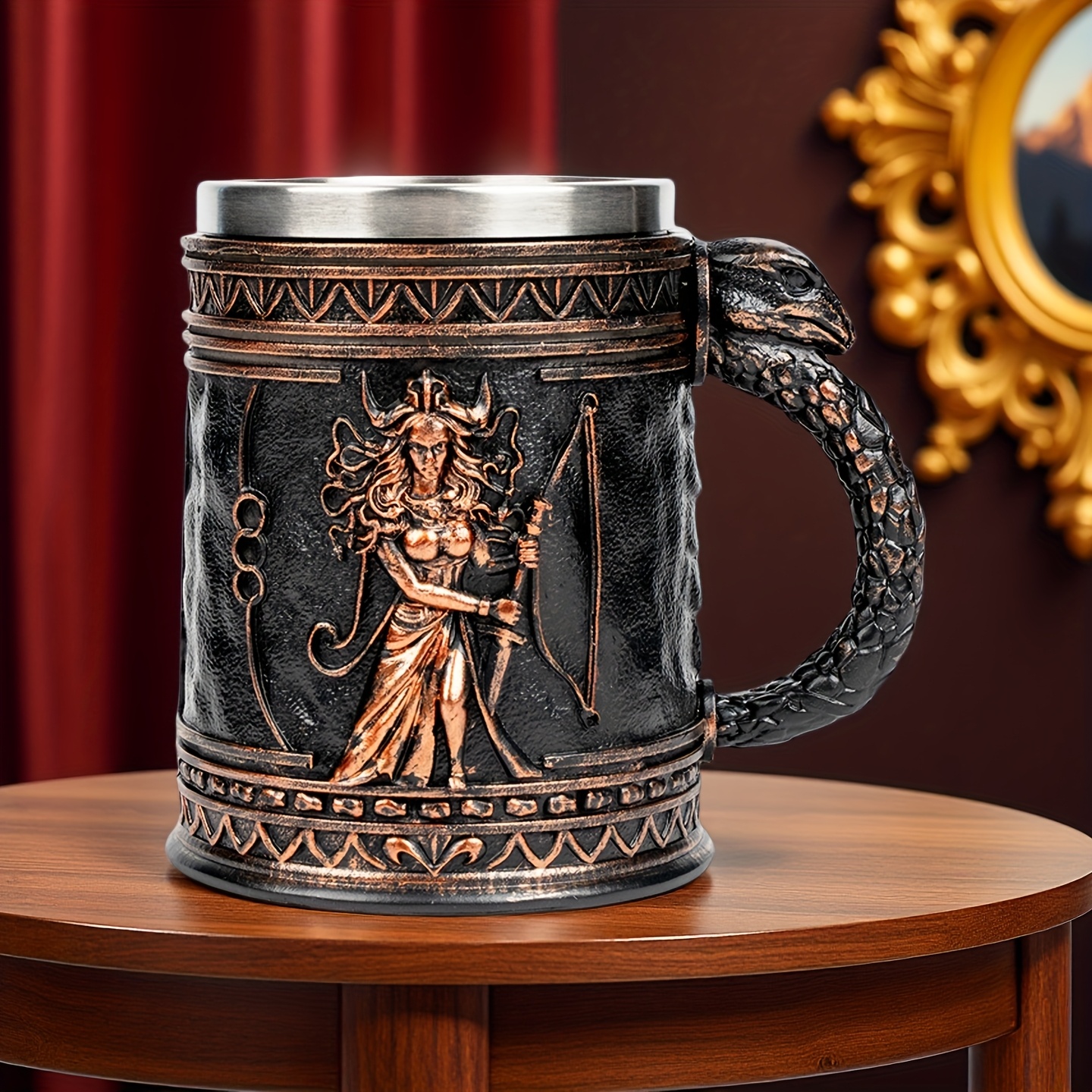 medusa greek mythology stainless steel beer mug with resin accents - insulated non-slip oval cup for coffee, beer & wine - reusable gift for halloween, christmas,  , mother’s day, festive drinkware, medusa design,   material, holiday decor, medusainspired design, hand wash only, themed drinkware, collectors item details 5