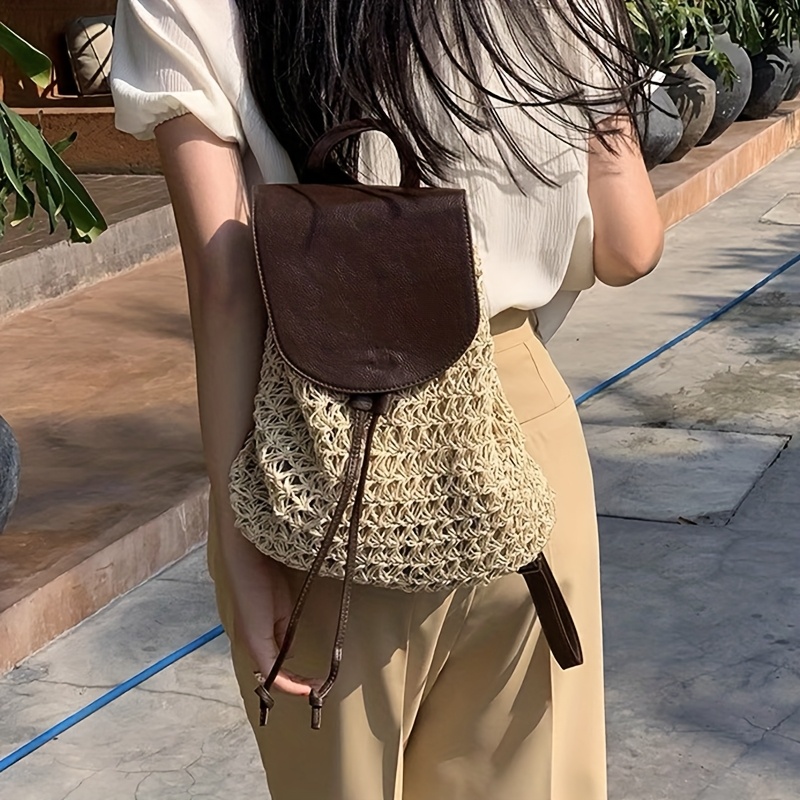 women design casual woven rattan travel bagpack beach - Temu display picture 2