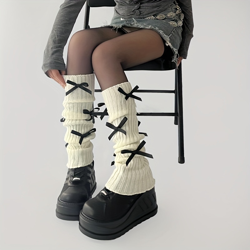 

Elegant Ballet-inspired Bowknot Knit Leg Warmers For Women - Cozy & Stylish Mid-calf Socks, Fall/winter