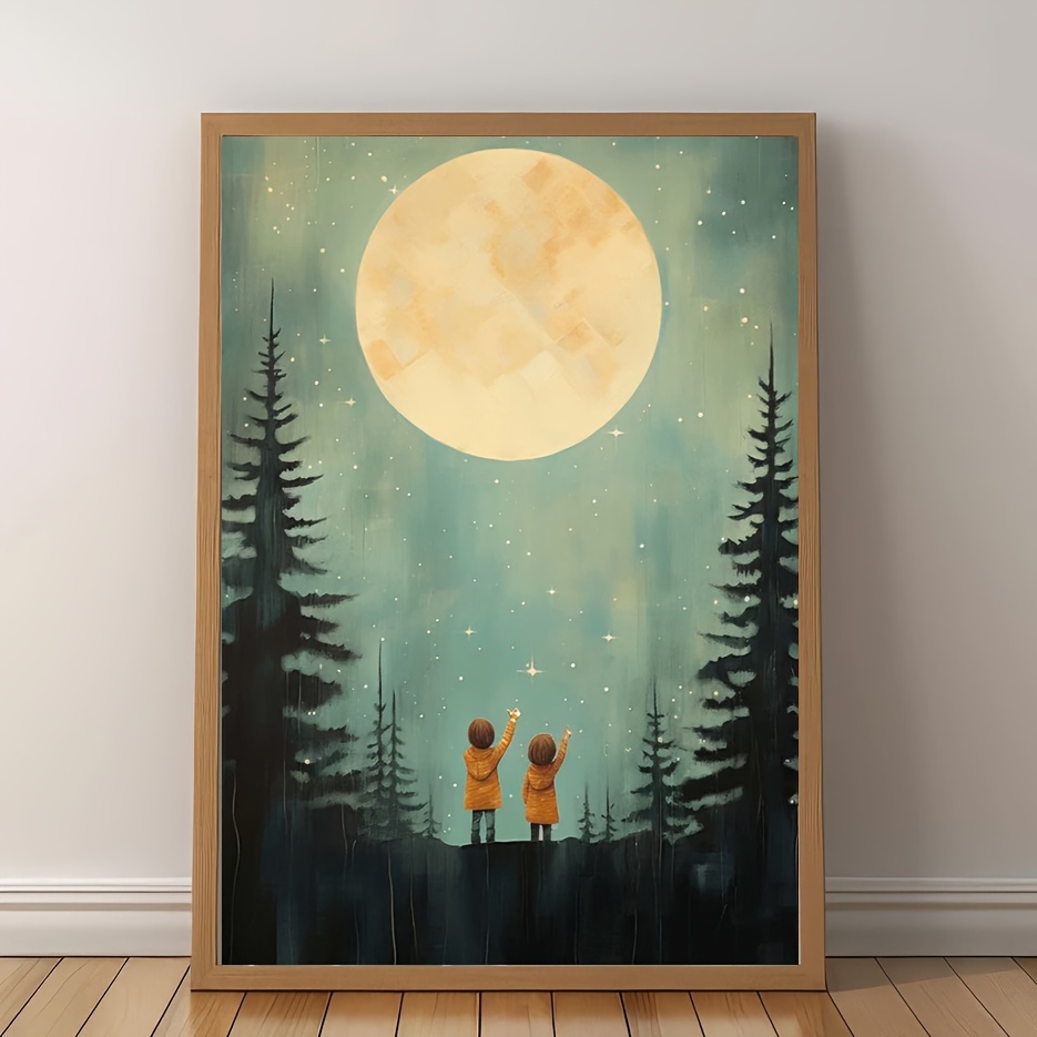 

Starry Night Adventure 12x16" Frameless Canvas Art - Siblings & Forest Stars Print For Kids' Room, Fun Wall Decor For Home, Bedroom, Living Room, Bathroom, Office, And Cafe