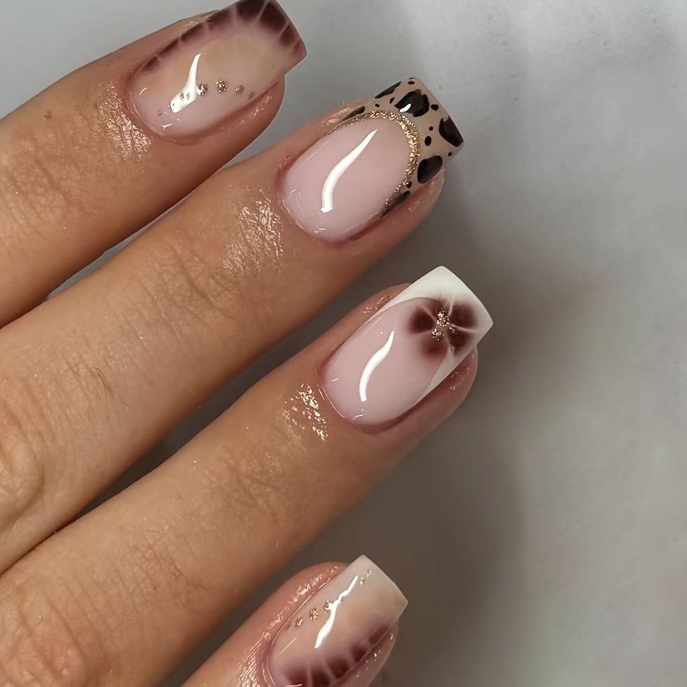 24pcs Press-on Nails Suitable For - Shear Nude Pink & Milk Coffee French Tip Fake Nails With 3, Leopard Print & -on Extensions For Parties, Dates, Daily Wear - Vintage Instagram Style Glossy