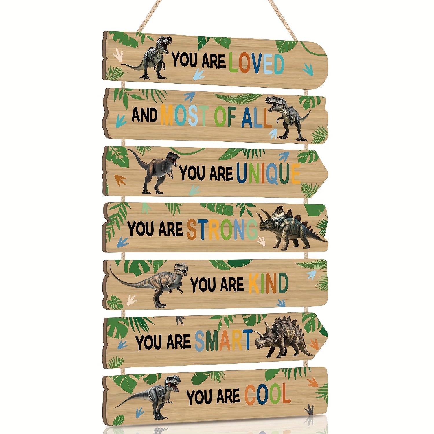 TEMU 7pcs Dinosaur Wooden Wall Art Sign - ", Unique, Strong, Kind, Smart, Cool" - Colorful Dinosaur Illustrations, Perfect For Home, Bedroom, Game