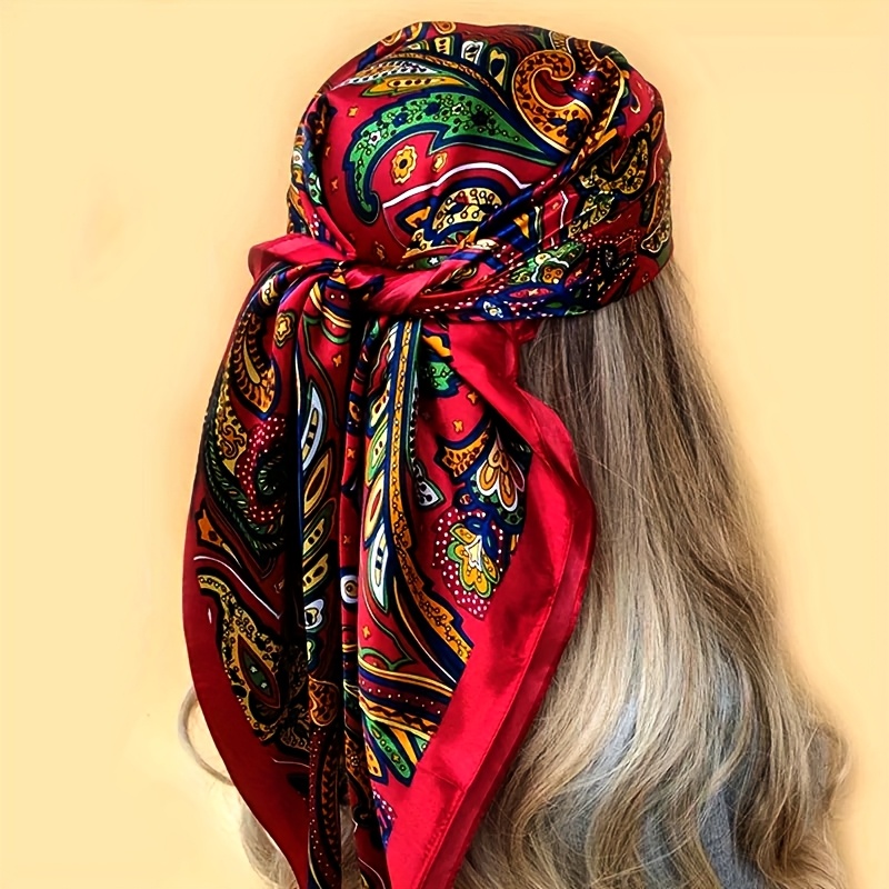 TEMU 1pc Elegant Paisley Pattern Square Scarf, 35.7" Polyester Satin-finish -like Beach & Party Accessory, Vibrant Red, Blue, Yellow, Orange & Gray