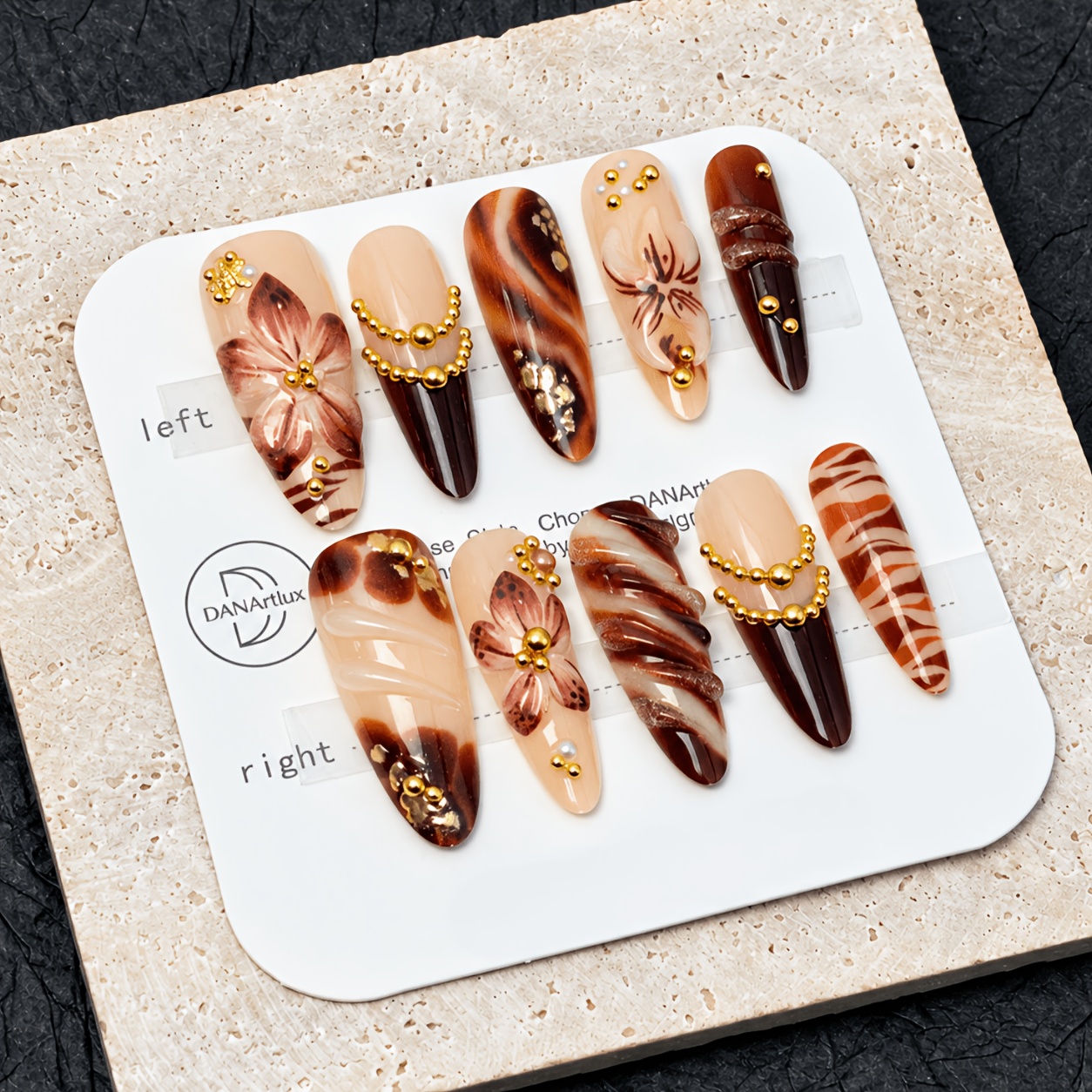 TEMU Danartlux 10pcs Medium Long Almond Press-on Nails, Fall Winter Brown Vintage Nails, Floral Leopard Print Gradient Design With Details, Elegant
