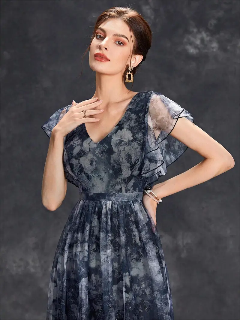 elegant womens deep v neck bridesmaid dress with short sleeves floral print lace trim satin mesh overlay ruffle hem a line long skirt weddings and formal events wedding guest attire floral print dress Product details 5