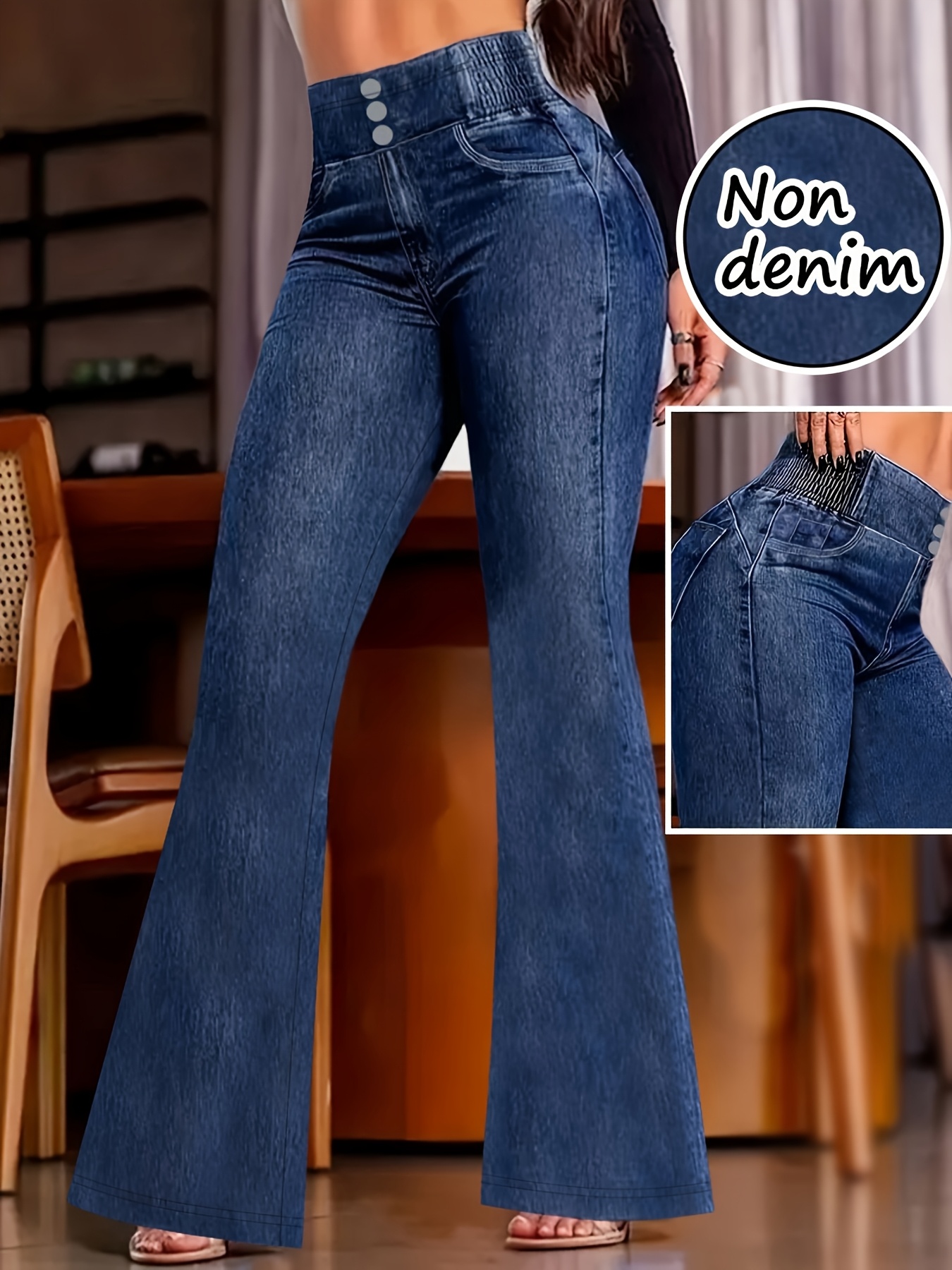 【imitation denim】[imitation Faux Denim]Women'S Non-Faux Denim Flared Faux Denim - All-Season Faux Denim Pants with Button Closure, Stretchy Non-Faux Denim Material, Classic Washed Look for Everyday & Formal Outfits, Versatile Clothing