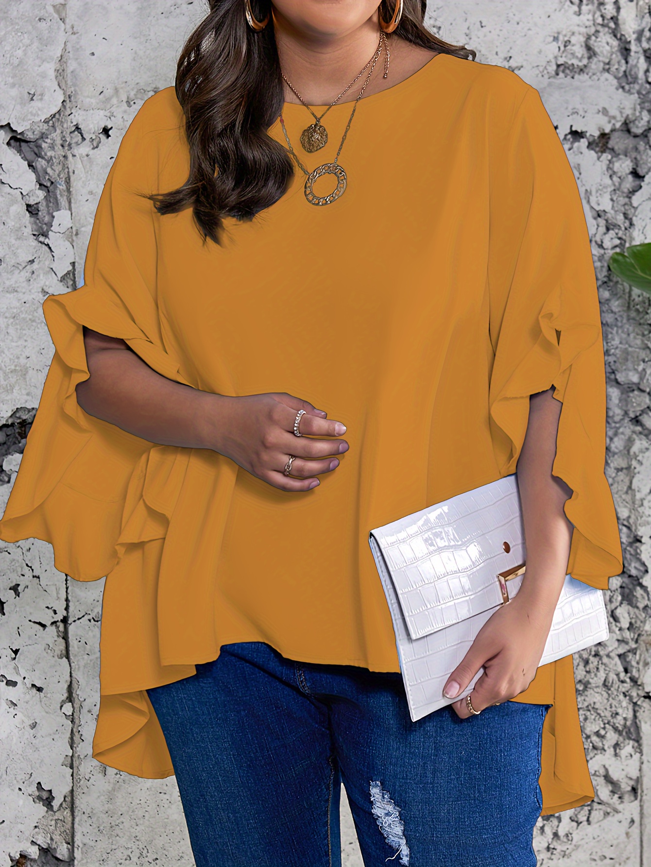 Plus Size Solid Ruffle Sleeve Blouse, Casual Crew Neck Irregular Hem Blouse For Spring, Women's Plus Size?Clothing