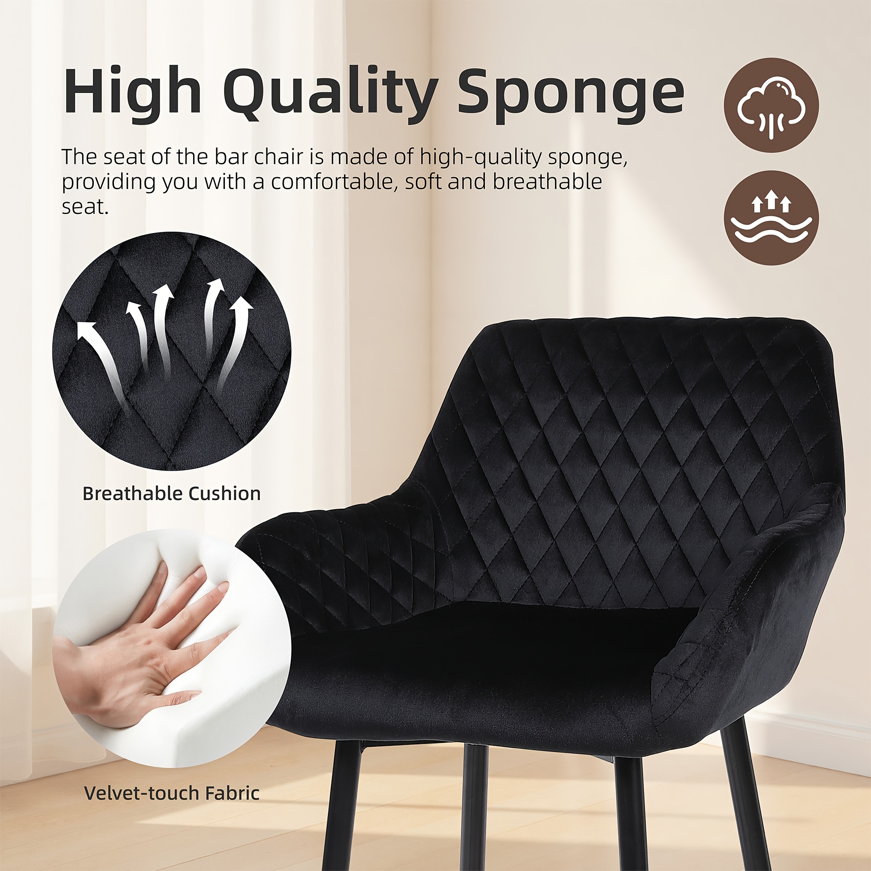 Velvet Fabric Bar Stool Set with Integrated Backrest