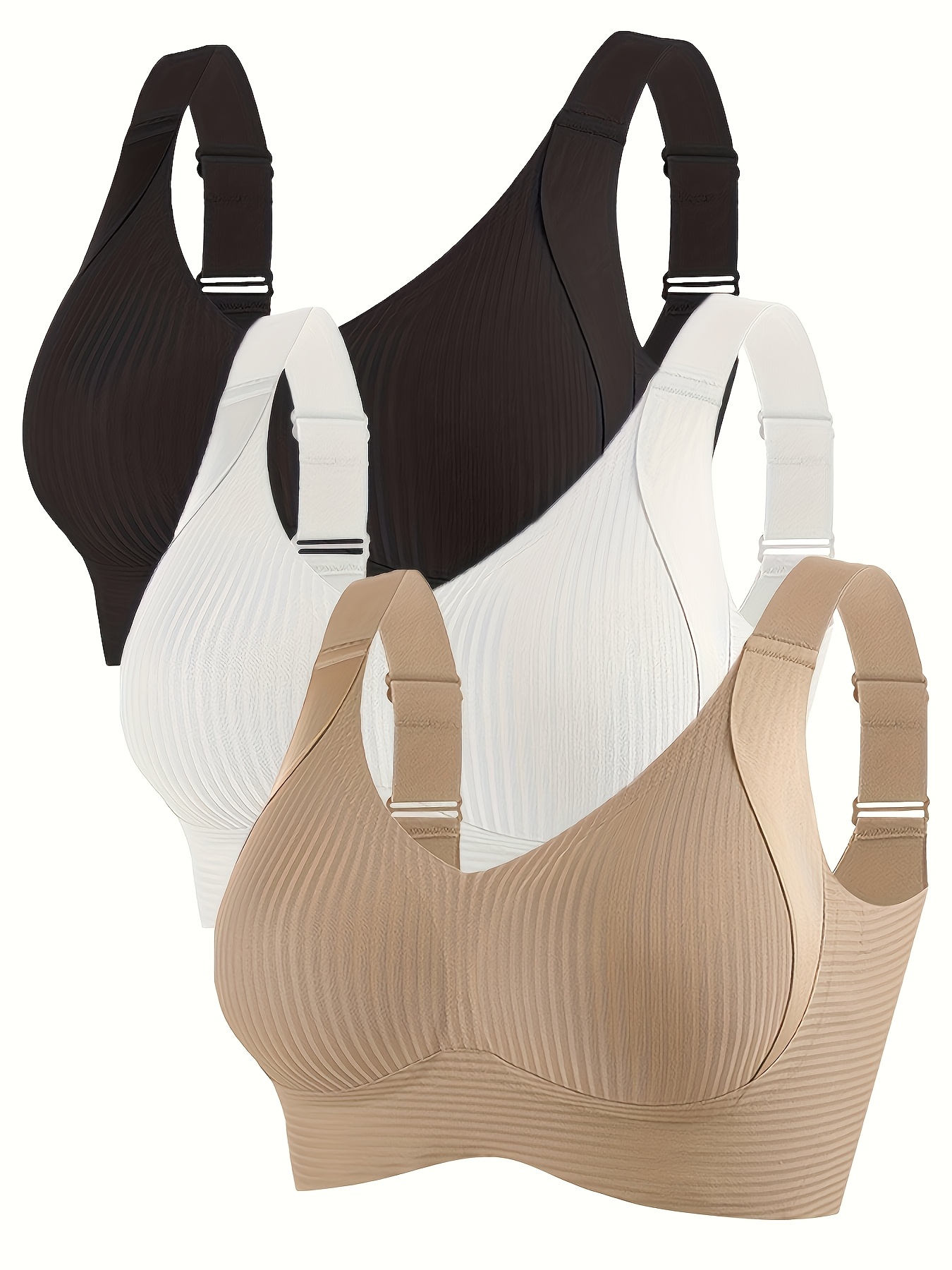 3pcs black white khaki ribbed seamless underwear lifting womens bra gathering adjustable wide straps contouring fashion comfortable with padding back closure lingerie