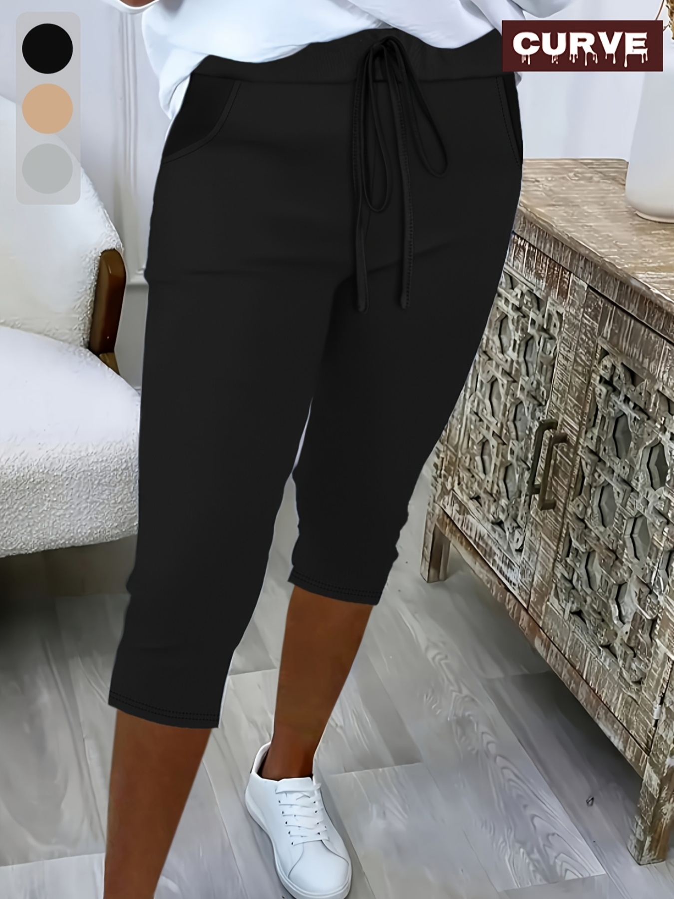 plus size women plus size casual elastic waist drawstring pocket capri pants solid color stretchy lounge trousers