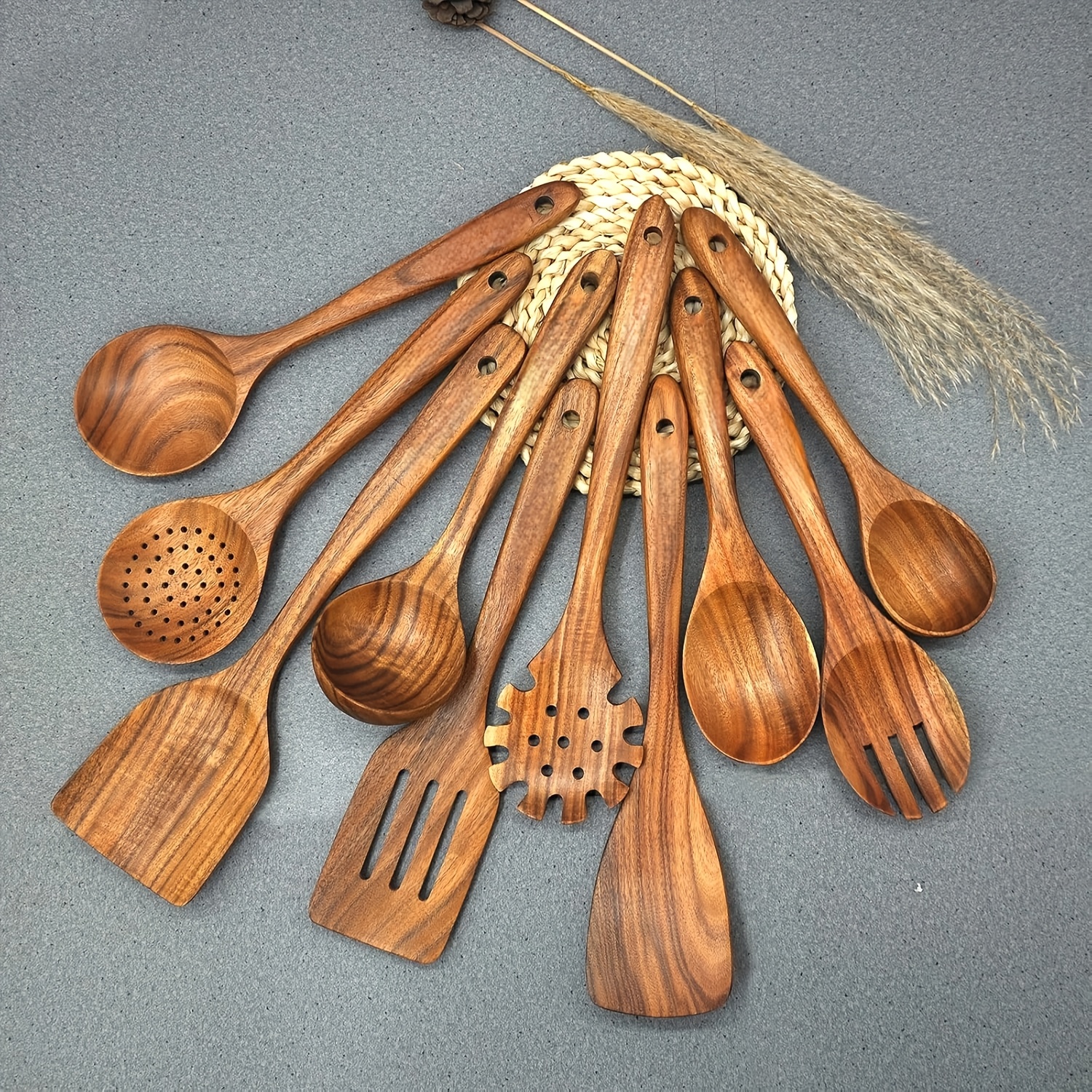 TEMU 10pcs Wooden Kitchen Utensil Set, Including Cooking Spoons And Spatulas, Made Wood