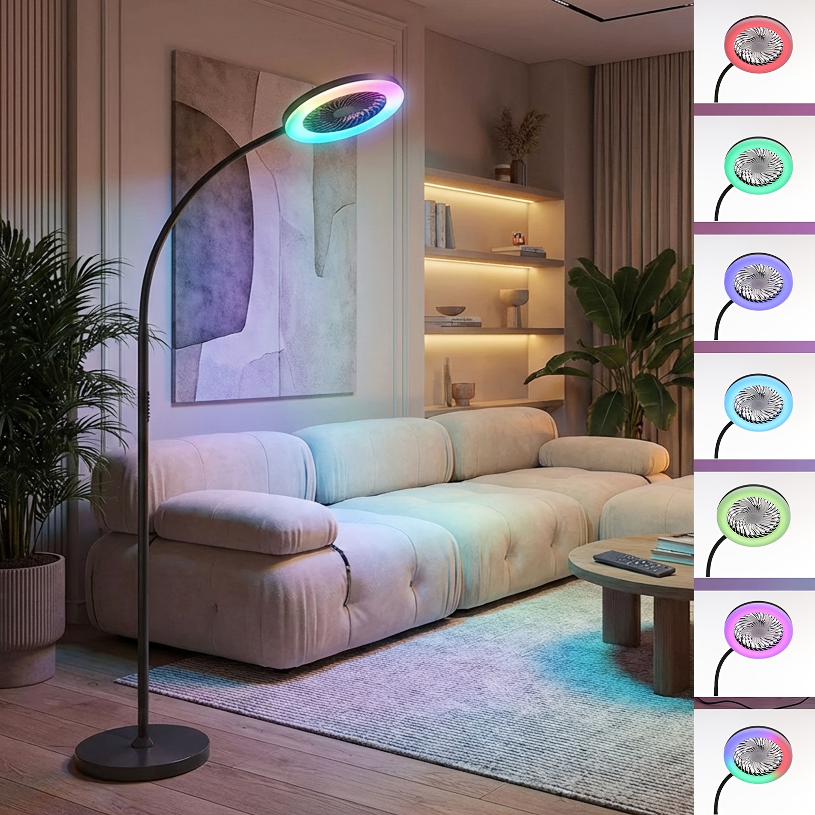 Image of Led Floor Lamp With Fan, 185cm Height Adjustable Standing Fan, Dimmable Gooseneck Rgb Floor Lamp, Remote Control For Living Room Bedroom Reading Room