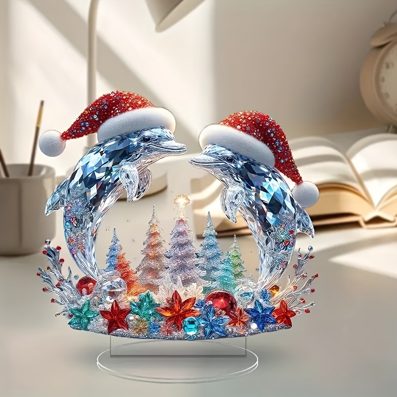 

1 Bohemian Style Acrylic Dolphin Duo With Santa Hats Decor - Multifunctional 2d Ornament For Desk Display, Decor | Christmas Gift With Gemstones & Lights