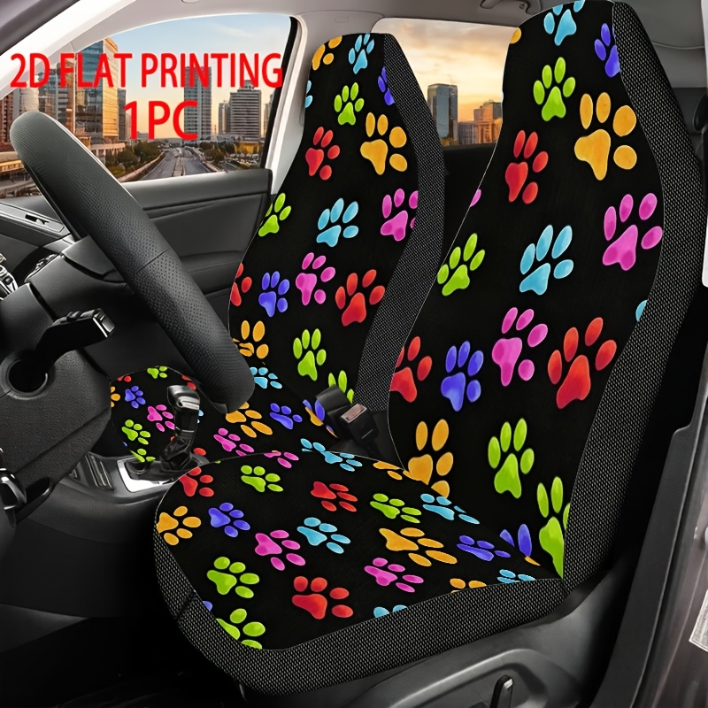 TEMU 2d Flat Printing, 1pc Universal Car Seat Cover Featuring A Colorful Paw Print Pattern, Specifically Designed For Front Seats. A Accessory With ,
