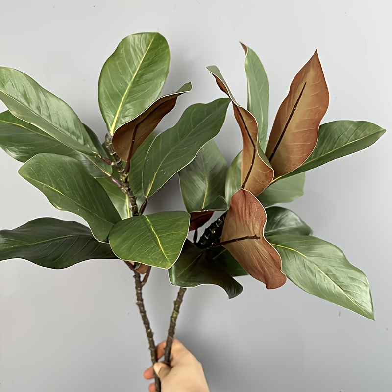 Image of 2pcs Artificial Magnolia Leaves Stems, Random Mixed Color Faux Greenery Branches, For Home Decor Gallery Wedding Garden Cabinet Decoration