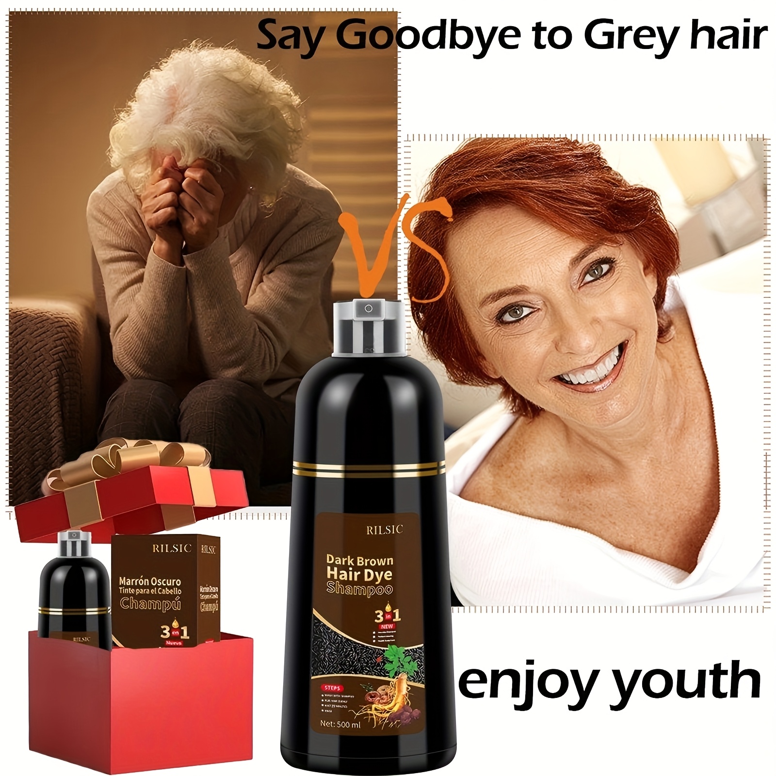 RILSIC 3pcs Hair Dye Shampoo, Quick Acting Hair Dye, Highly Coverage Of White Hair, Containing Ginseng Essence Extract, Moisturizing Hair Care - Both Male And Female Adults Can Use, Suitable for All Kinds Of Hair