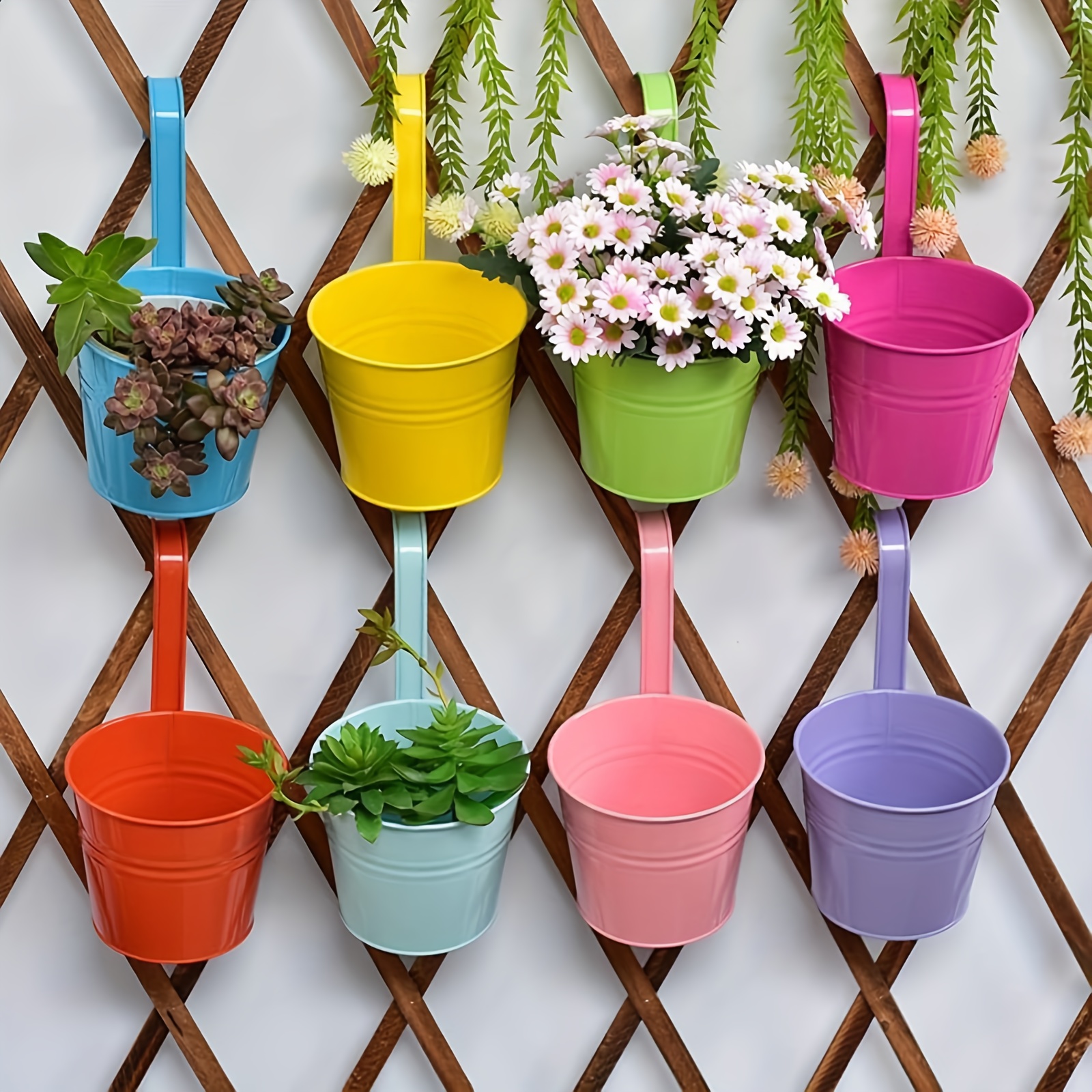 TEMU 8pcs Metal Hanging Plant Pots With Drainage Hole & Detachable Hook - Round /outdoor Iron Flower Pots Suitable For Railing Fence Balcony