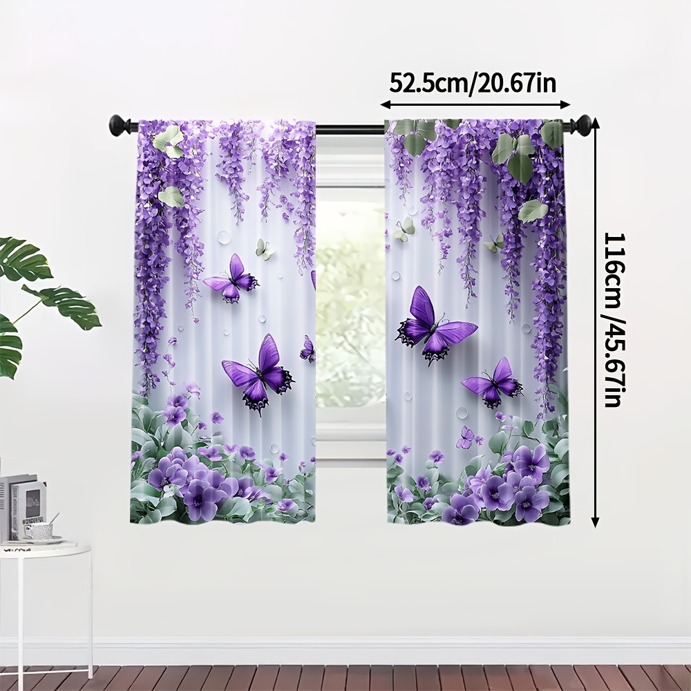 TEMU 2pcs, Beautiful Butterflies Pattern Curtains, Purple & Chrysanthemum, Extra Large Fabric, For Living Room, Kitchen And Bedroom Decoration,