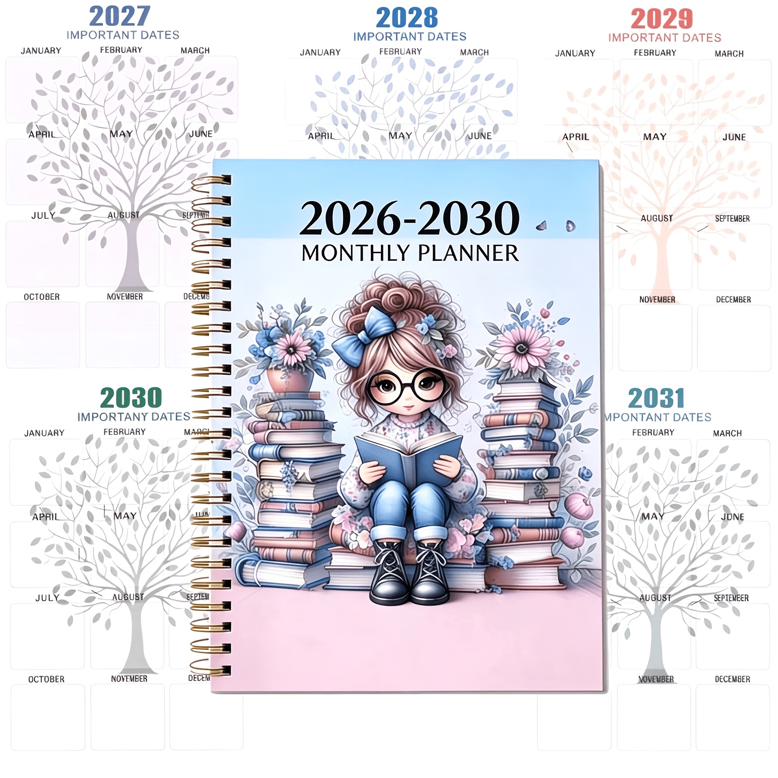 TEMU 60-month Long-range Planning Notebook, 2026 - December 2030, Book-lover Themed Women's Cover, Pre-printed Month Index Labels, 5''×8.3'', 71