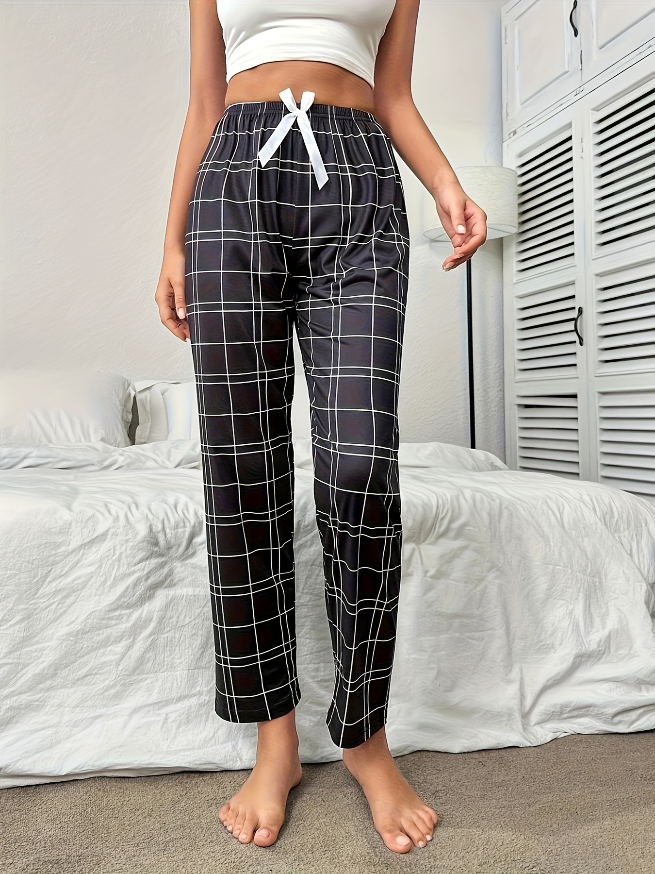 women's black white pajama pants bow detail elastic Temu South