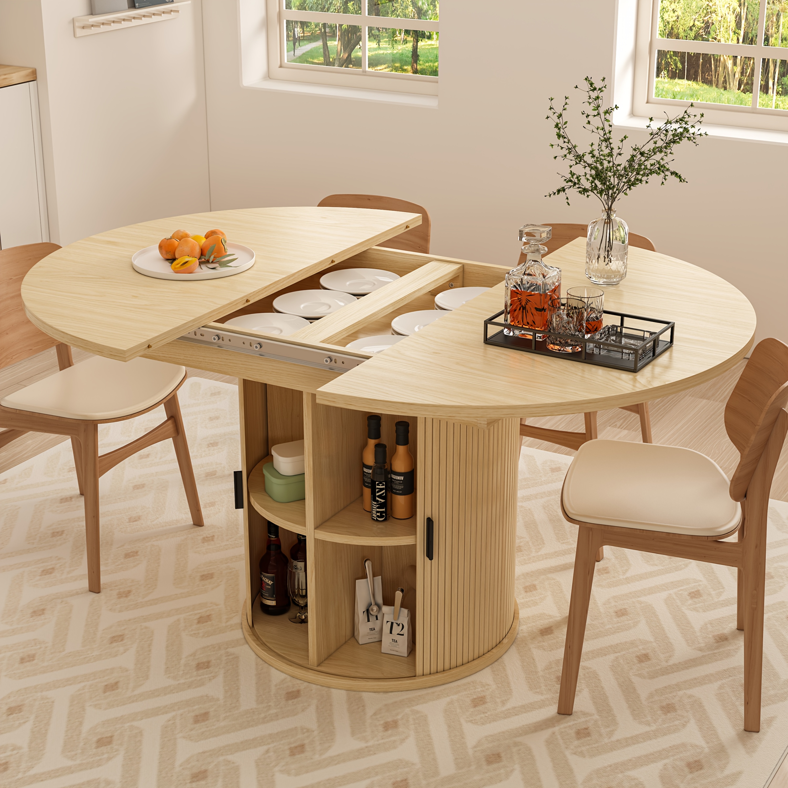 Extendable Dining Table 43-59&*; for 4-6 People, Solid Wood Top with Fluted Slide Door &amp; 8-Compartment Storage, Space Saving Dinner Furniture with *