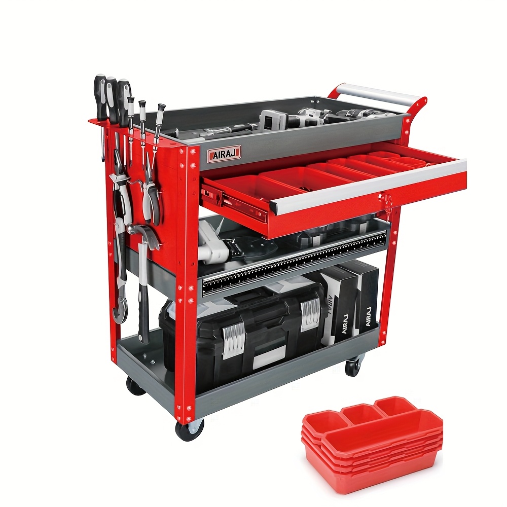 3 tier lockable tool cart with drawers rolling utility organizer on wheels durable alloy   red black multi compartment storage trolley for   and car  