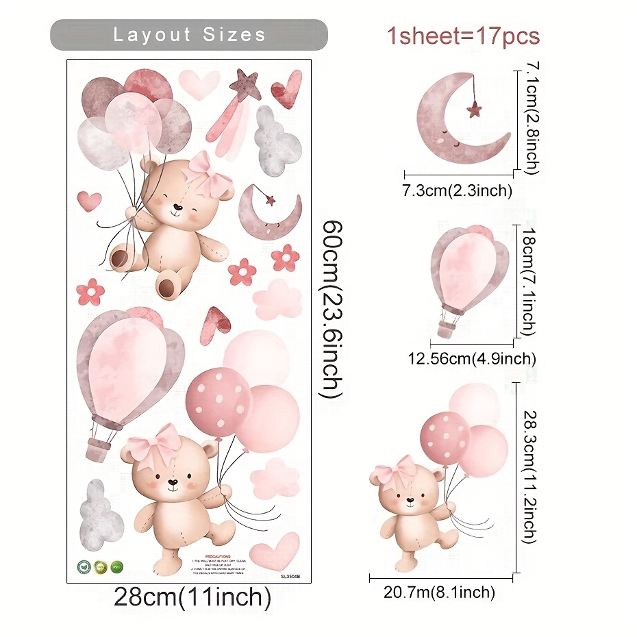 Image of 1pc Pink Cartoon Bear Balloon Wall Sticker Room Bedroom Living Room Decoration Self Adhesive Wall Sticker Peel And Stick