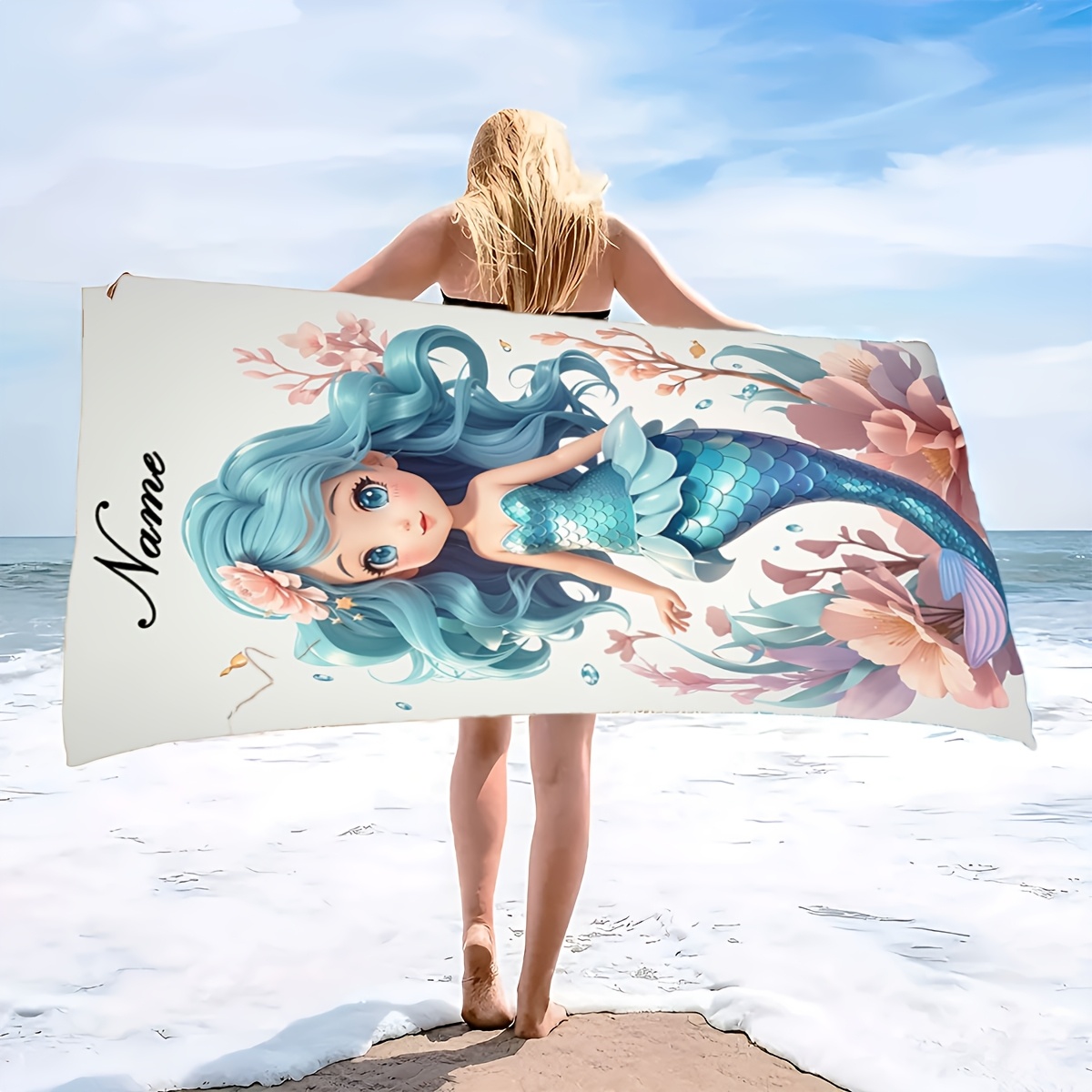 TEMU 1pc Customized Beach Towel, Quick Drying Swimming Towel, Comfortable Beach Towel, Fashionable Swimming Towel, Mermaid Pattern, Ocean Pattern,