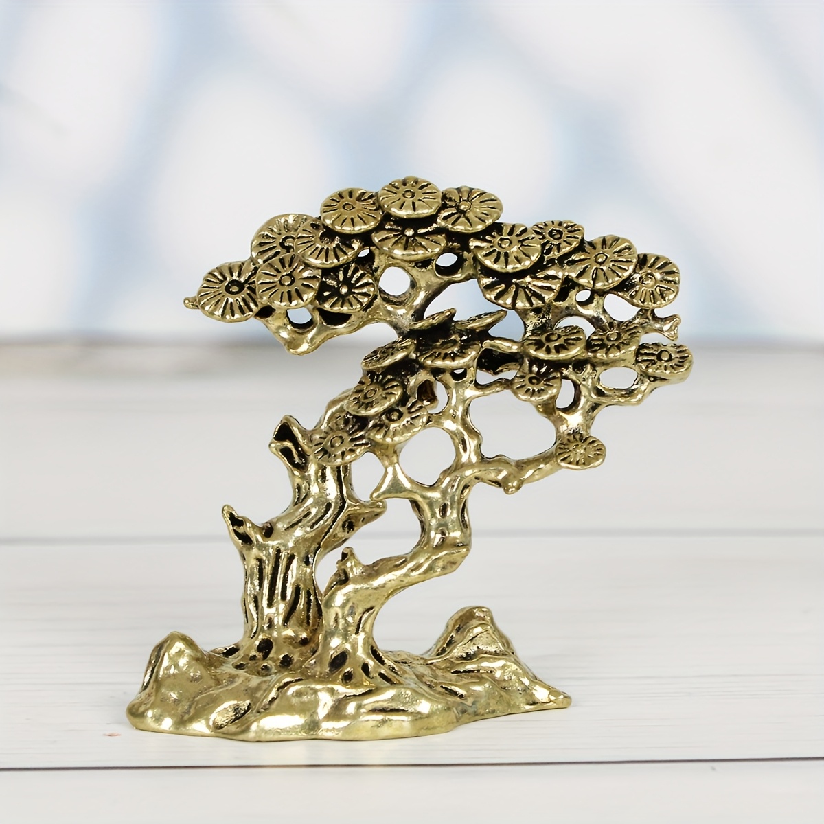TEMU Vintage Brass Statue - Intricate Plant Sculpture With Circular Leaves & , Traditional Decor, Bedroom, Living Room, Or Scene Display, No , Statues For Home Decor