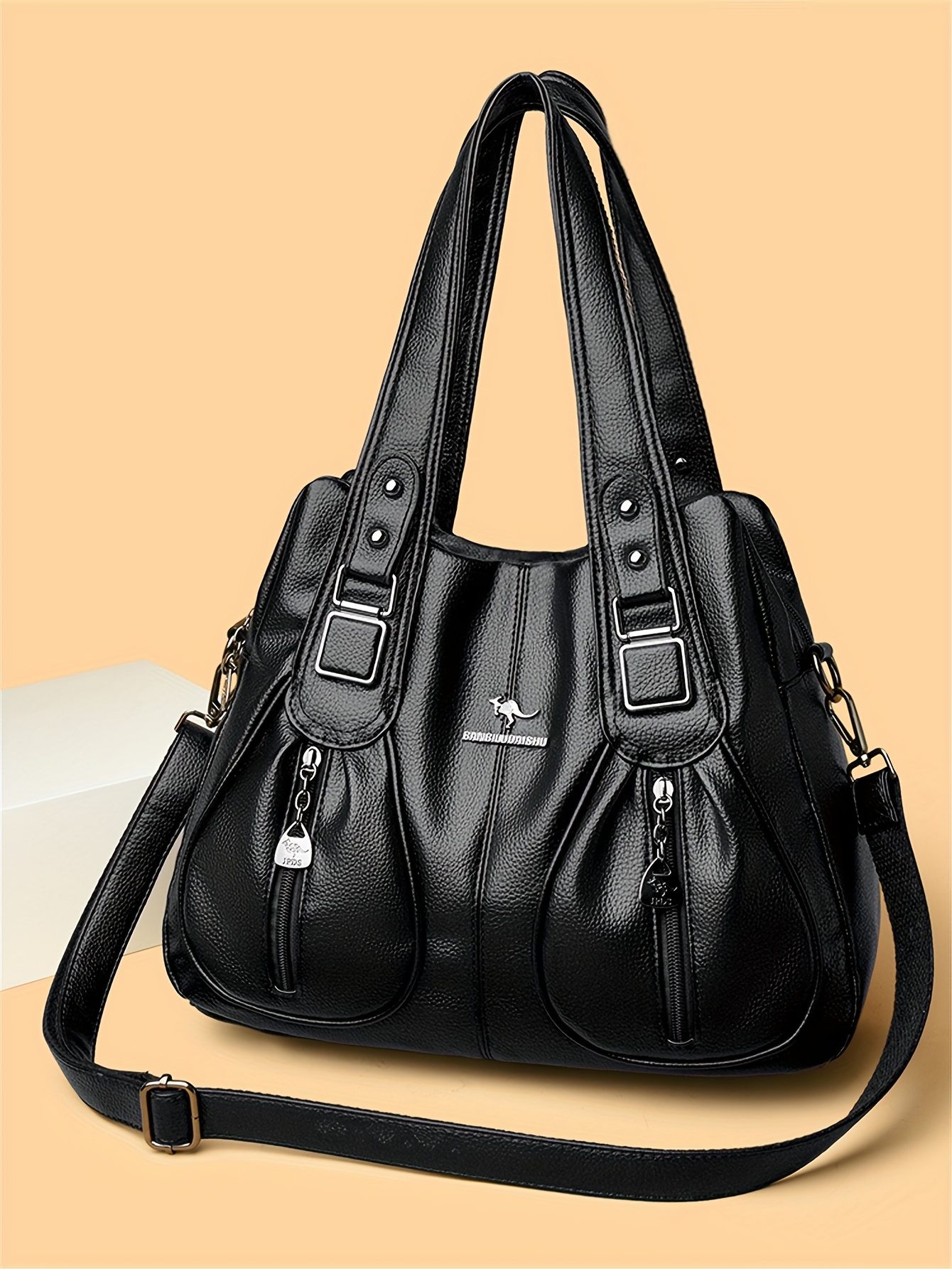 Women's Casual Tote Bag - Large Capacity Multi-Pocket Crossbody Shoulder Bag with Adjustable Strap, Zipper Closure & Bird Emblem, Deep Brown/Black for Work, Commute, Travel, Modern Iranian Style | Metallic Hardware Accents