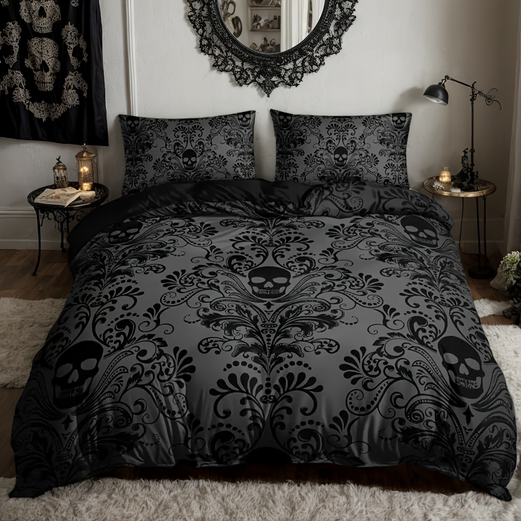 E-shop 3-teiliges schwarzes Totenkopf Gothic Kunst Vintage Bettbezug Set (1 Bettbezug + 2 Kissenbezüge ohne Kissenkern) Home Studentenwohnheim HD