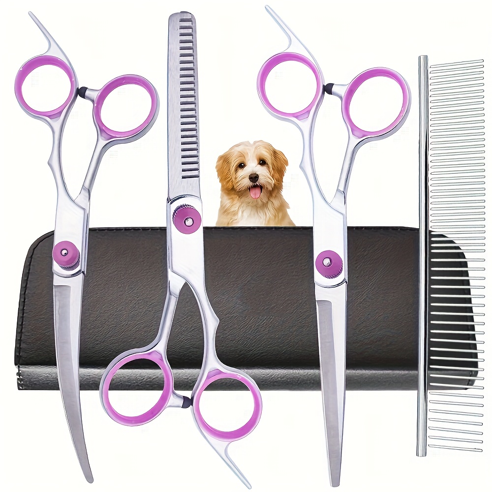 5 in 1 professional   scissor set with curved scissors and comb stainless steel universal hand orientation 6 5 inch blade length pet hair trimming kit for dogs and cats